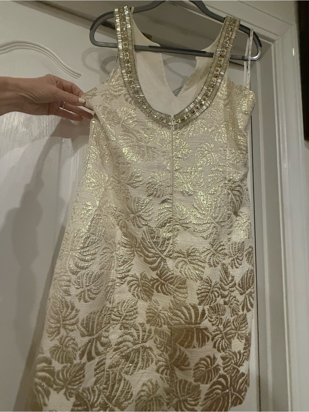 Lilly Pulitzer Ivory and Gold Leaf Embellished Mini Dress. - Picture 3 of 11
